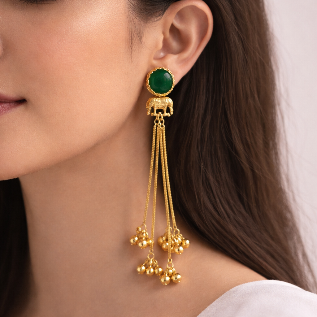 Kashmiri Emerald Green Long Chain Earrings