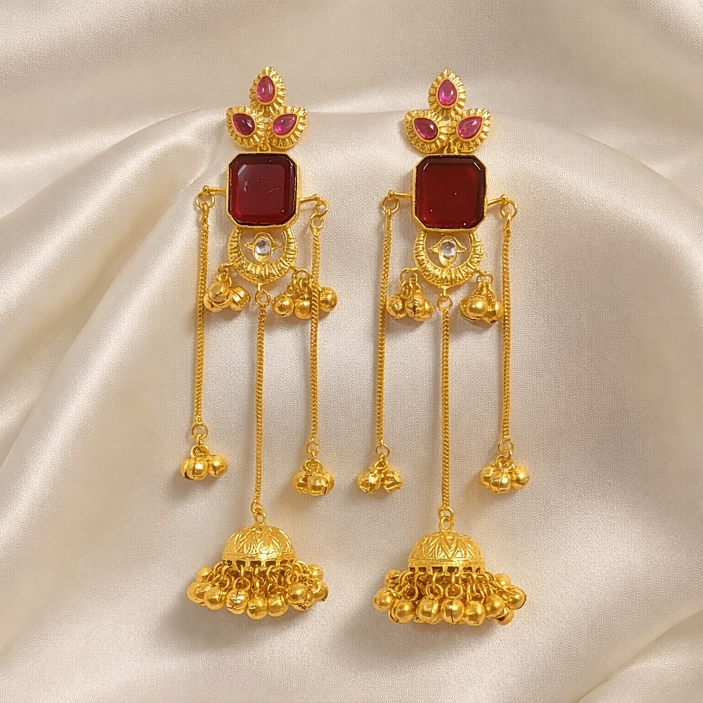 Handcrafted Kashmiri Red Stone Long Jhumka Earrings