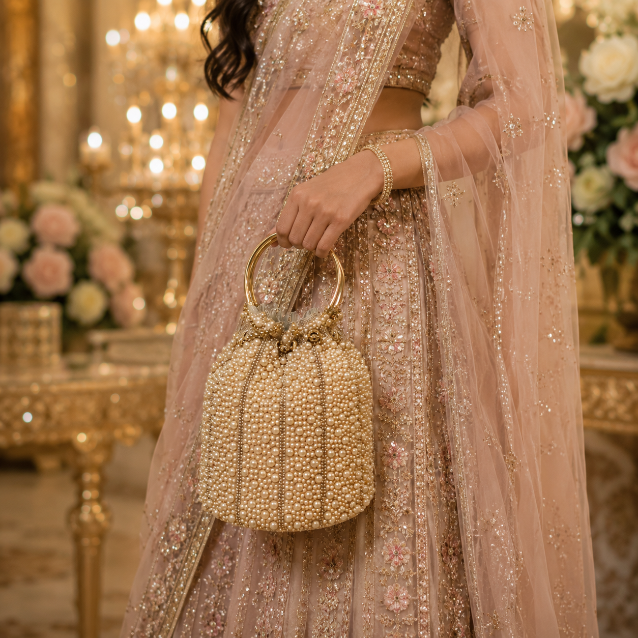 Luxury Pearl Embellished Potli Bag with Gold Ring Handle | Bridal Wedding Potli for Women