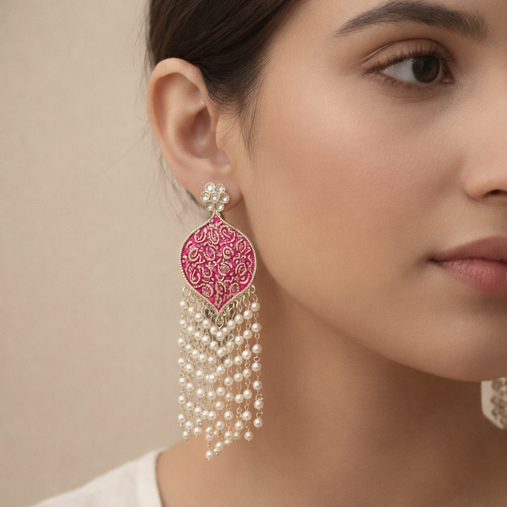 Pink Meenakari Pearl Cascade Statement Earrings