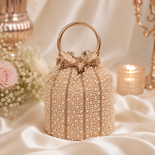 Luxury Pearl Embellished Potli Bag with Gold Ring Handle | Bridal Wedding Potli for Women
