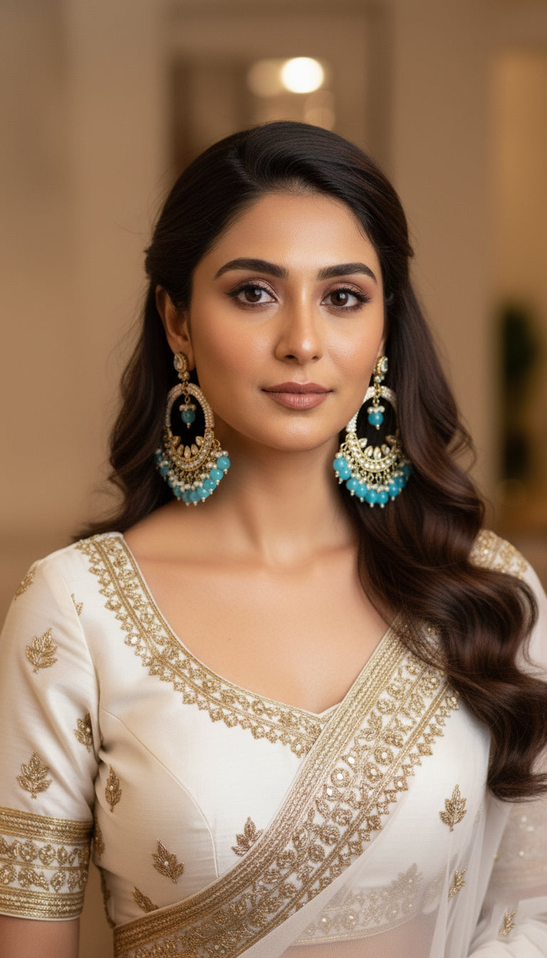 Sky Blue Beaded Kundan Chandbali Earrings for Women